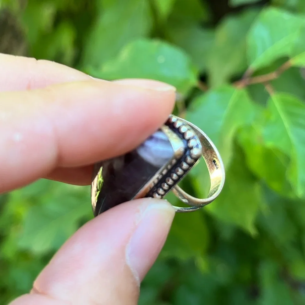 Size 6.75 925 silver plated half‎ moon amethyst ring